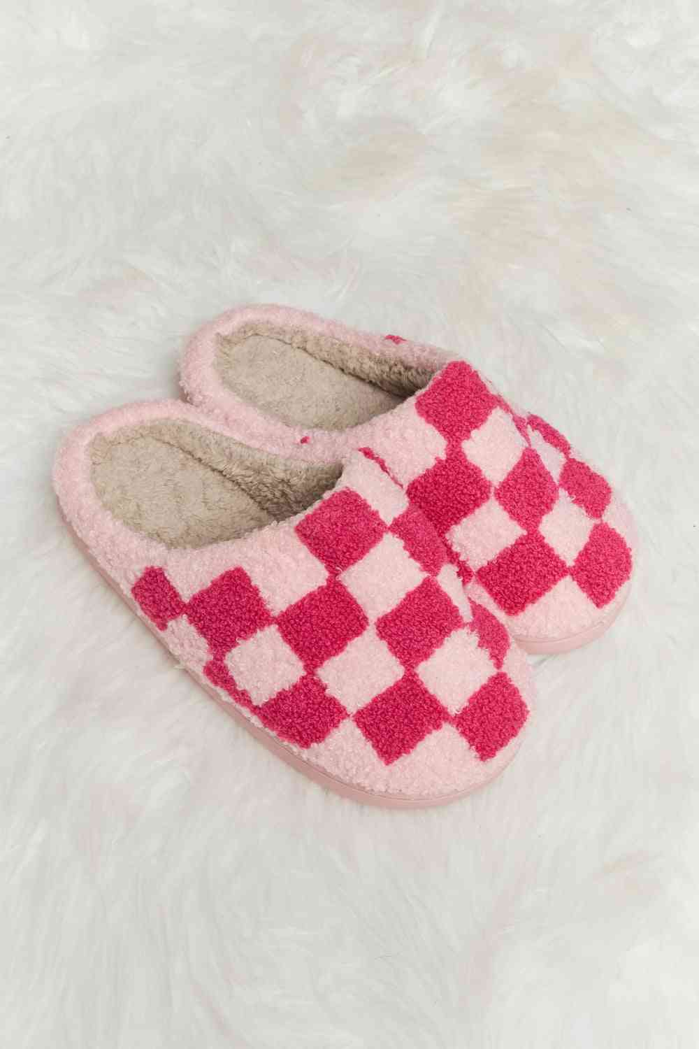 Melody Checkered Print Plush Slide Slippers - shoes - Hot Pink - Bella Bourget