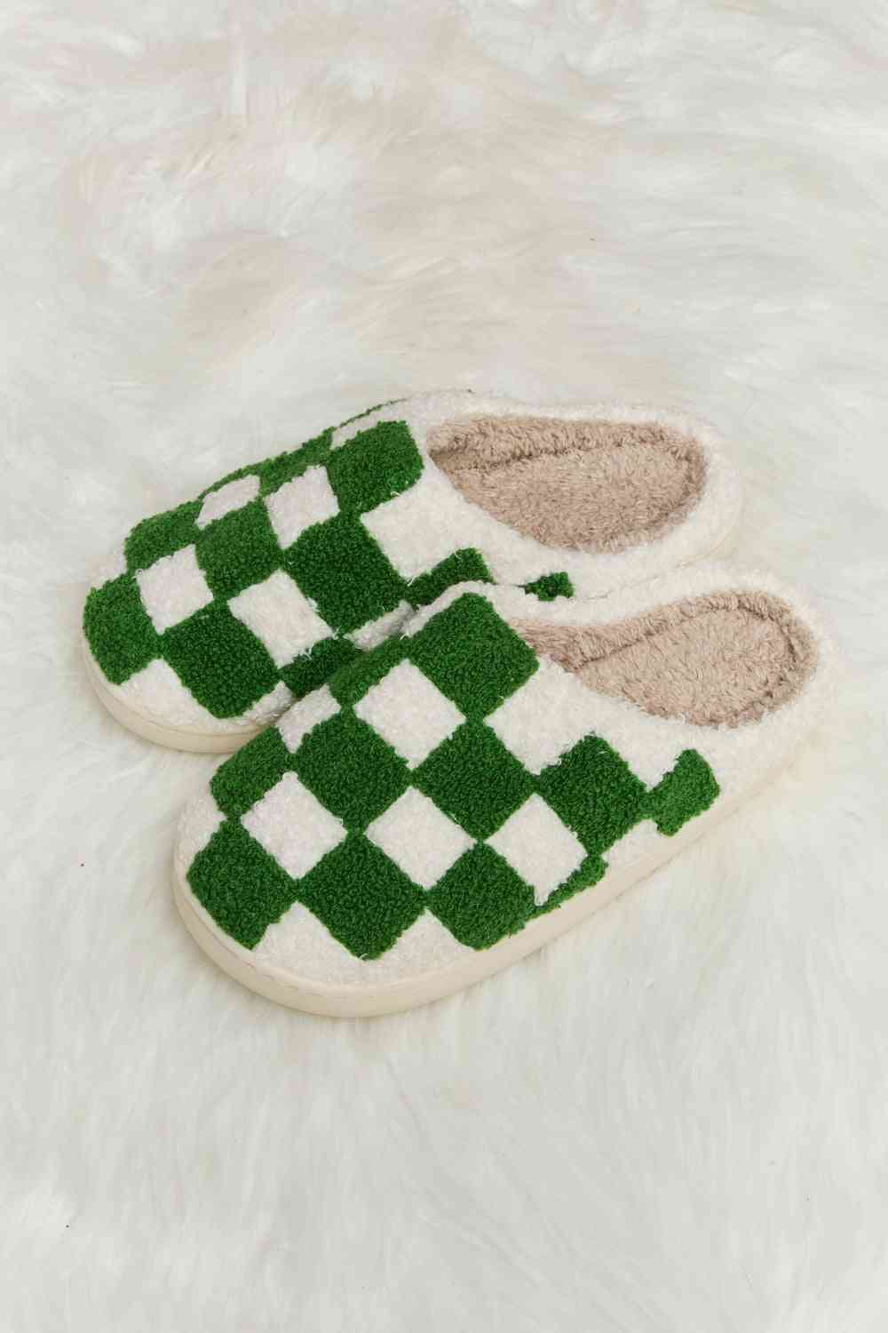 Melody Checkered Print Plush Slide Slippers - shoes - Green - Bella Bourget