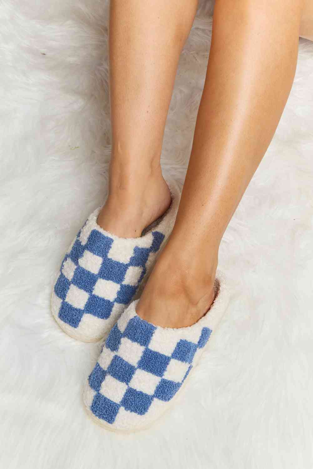 Melody Checkered Print Plush Slide Slippers - shoes - Cobalt Blue - Bella Bourget