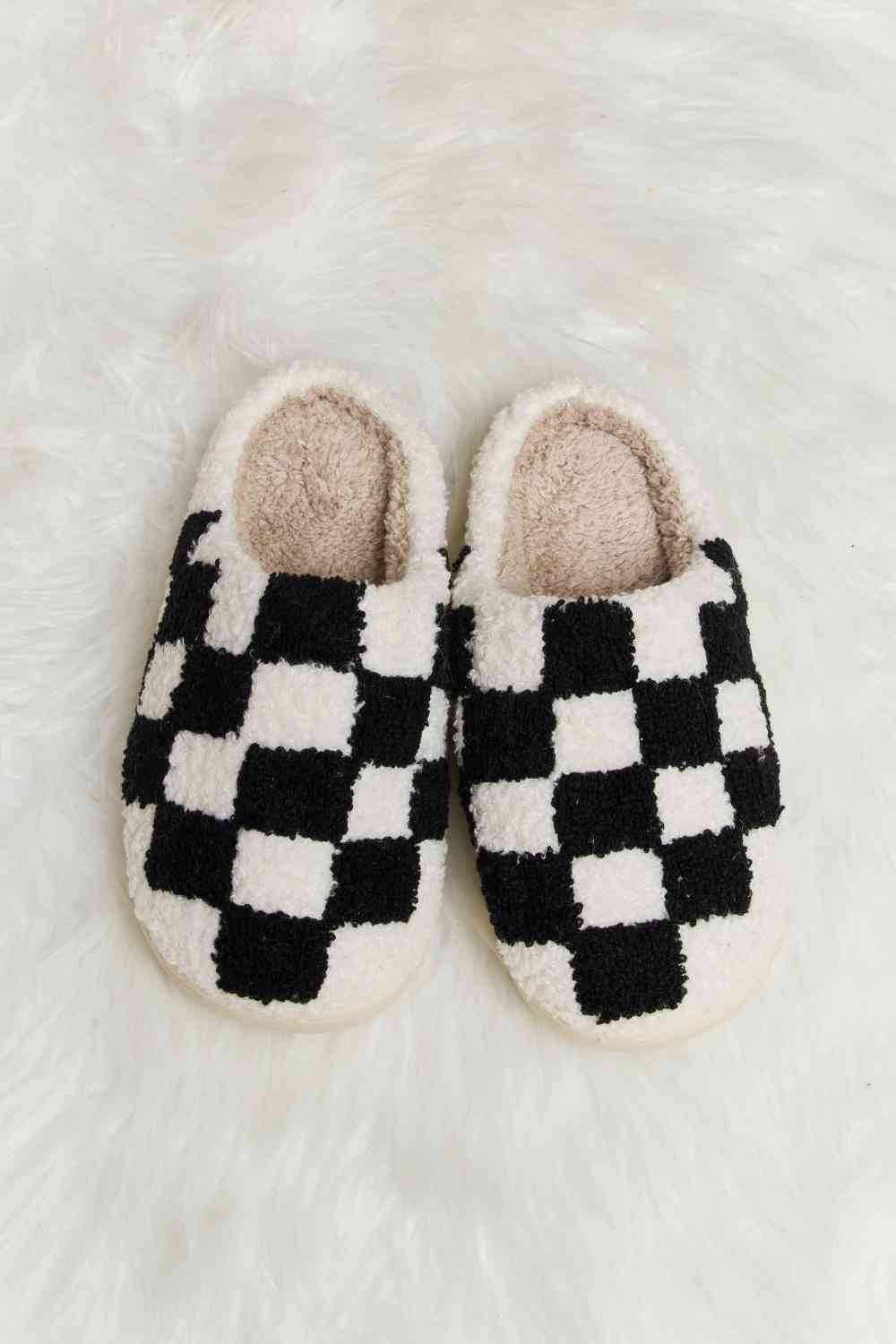 Melody Checkered Print Plush Slide Slippers - shoes - Black - Bella Bourget