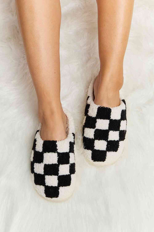 Melody Checkered Print Plush Slide Slippers - shoes - Black - Bella Bourget