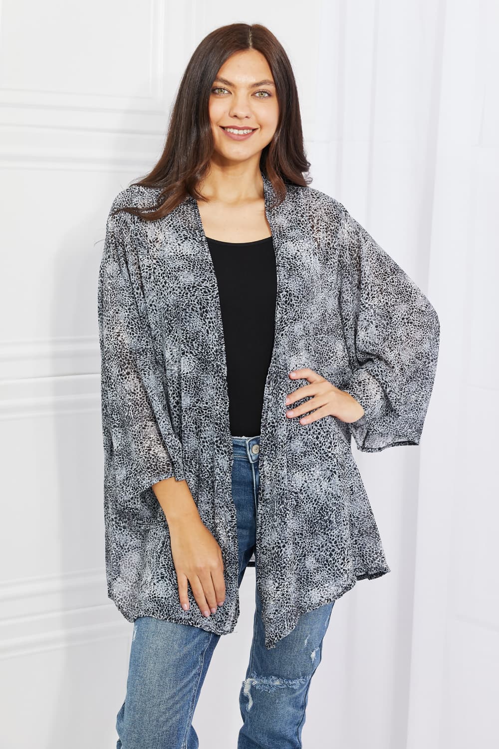 Melody Full Size Snake Print Chiffon Kimono - Kimono - Black/Gray - Bella Bourget