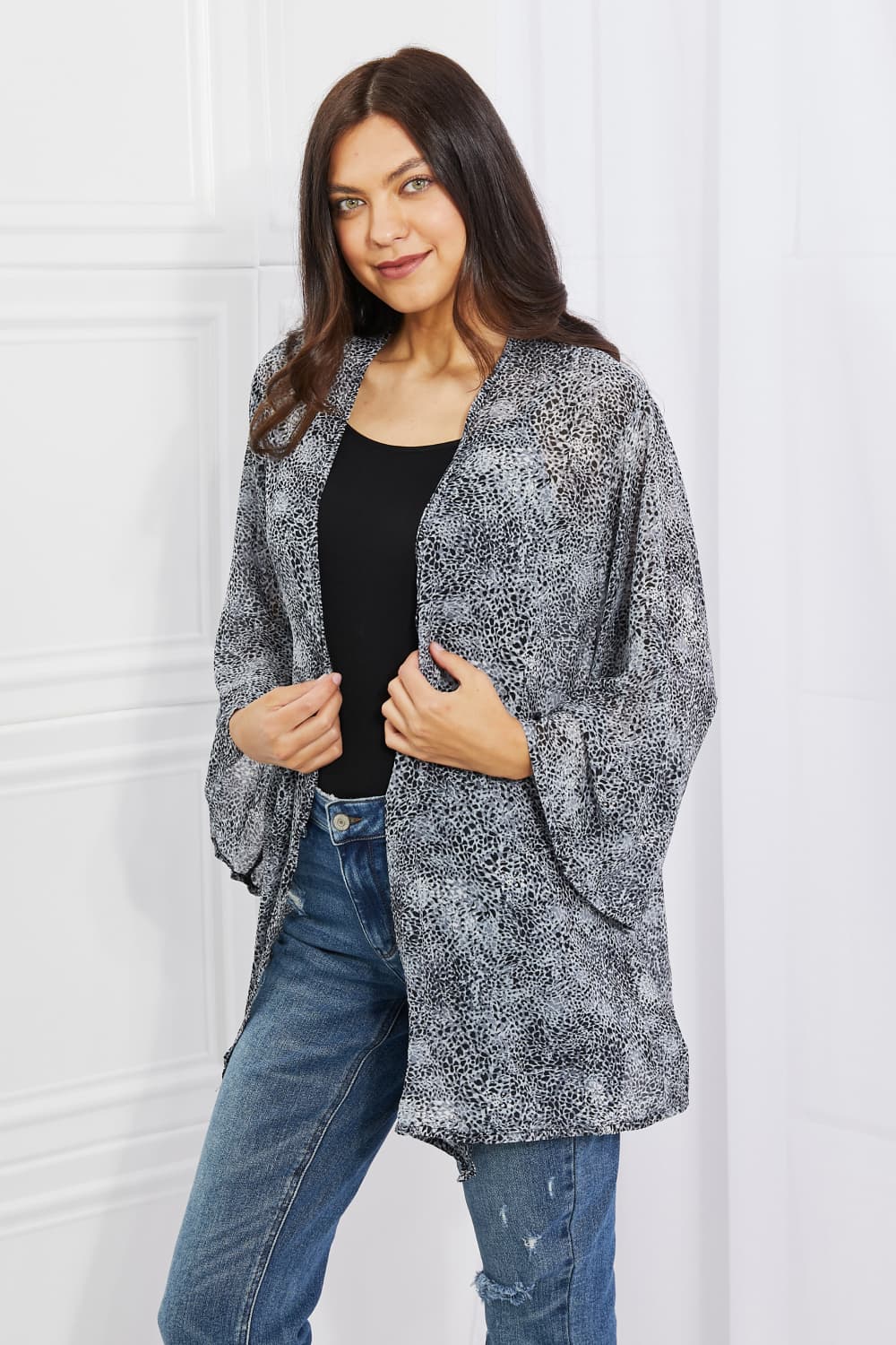 Melody Full Size Snake Print Chiffon Kimono - Kimono - Black/Gray - Bella Bourget