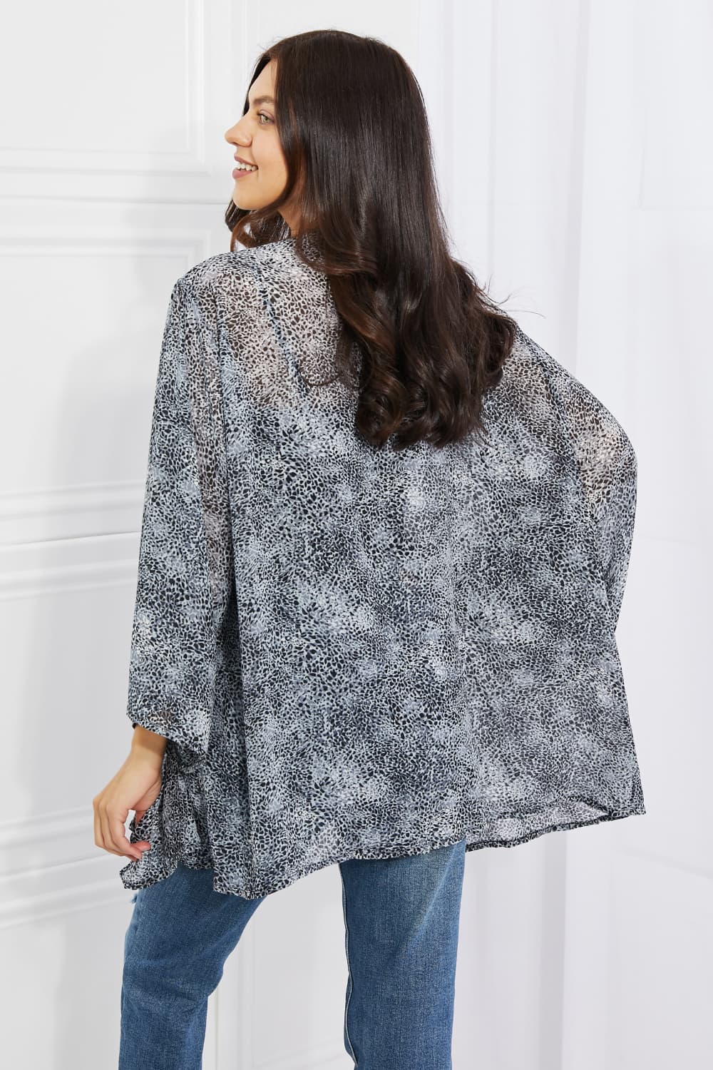 Melody Full Size Snake Print Chiffon Kimono - Kimono - Black/Gray - Bella Bourget