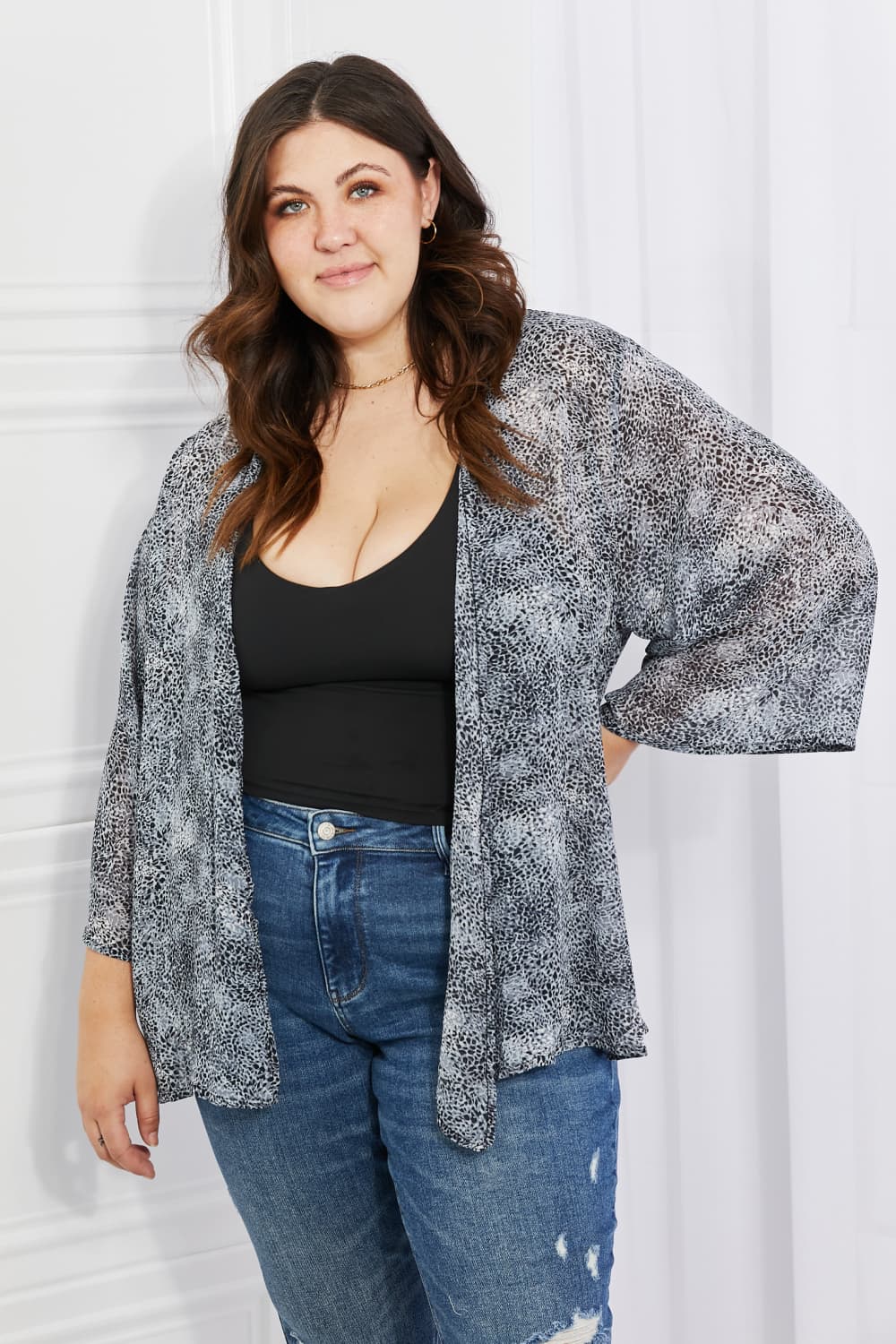 Melody Full Size Snake Print Chiffon Kimono - Kimono - Black/Gray - Bella Bourget