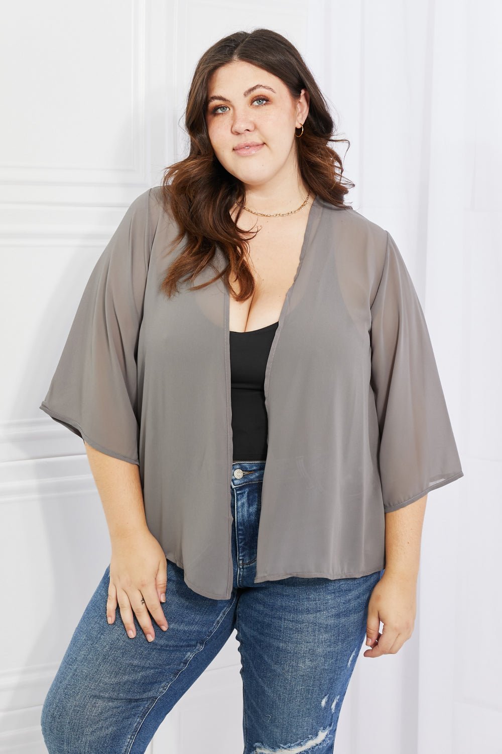 Melody Just Breathe Full Size Chiffon Kimono in Grey - Kimono - Mid Gray - Bella Bourget