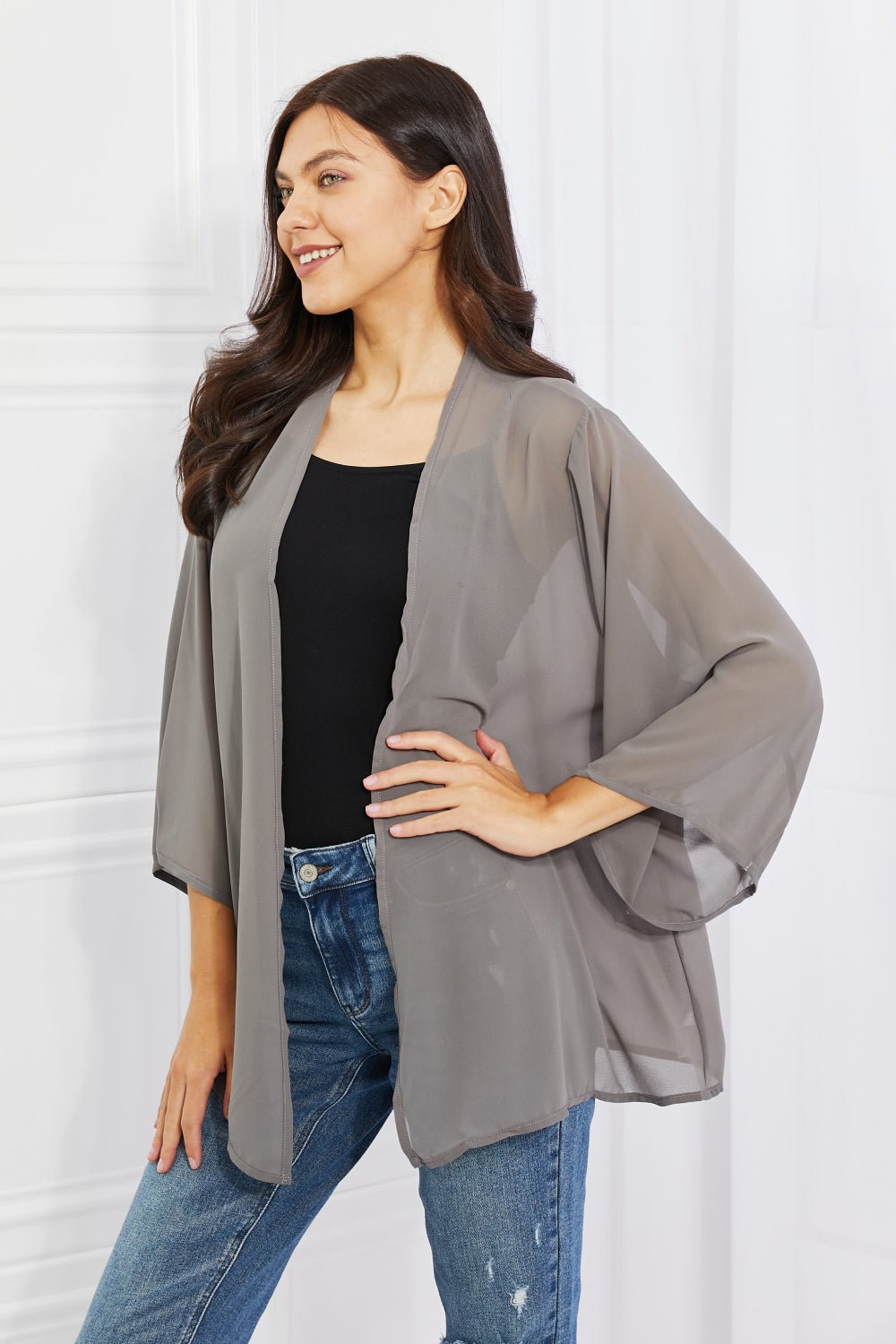 Melody Just Breathe Full Size Chiffon Kimono in Grey - Kimono - Mid Gray - Bella Bourget