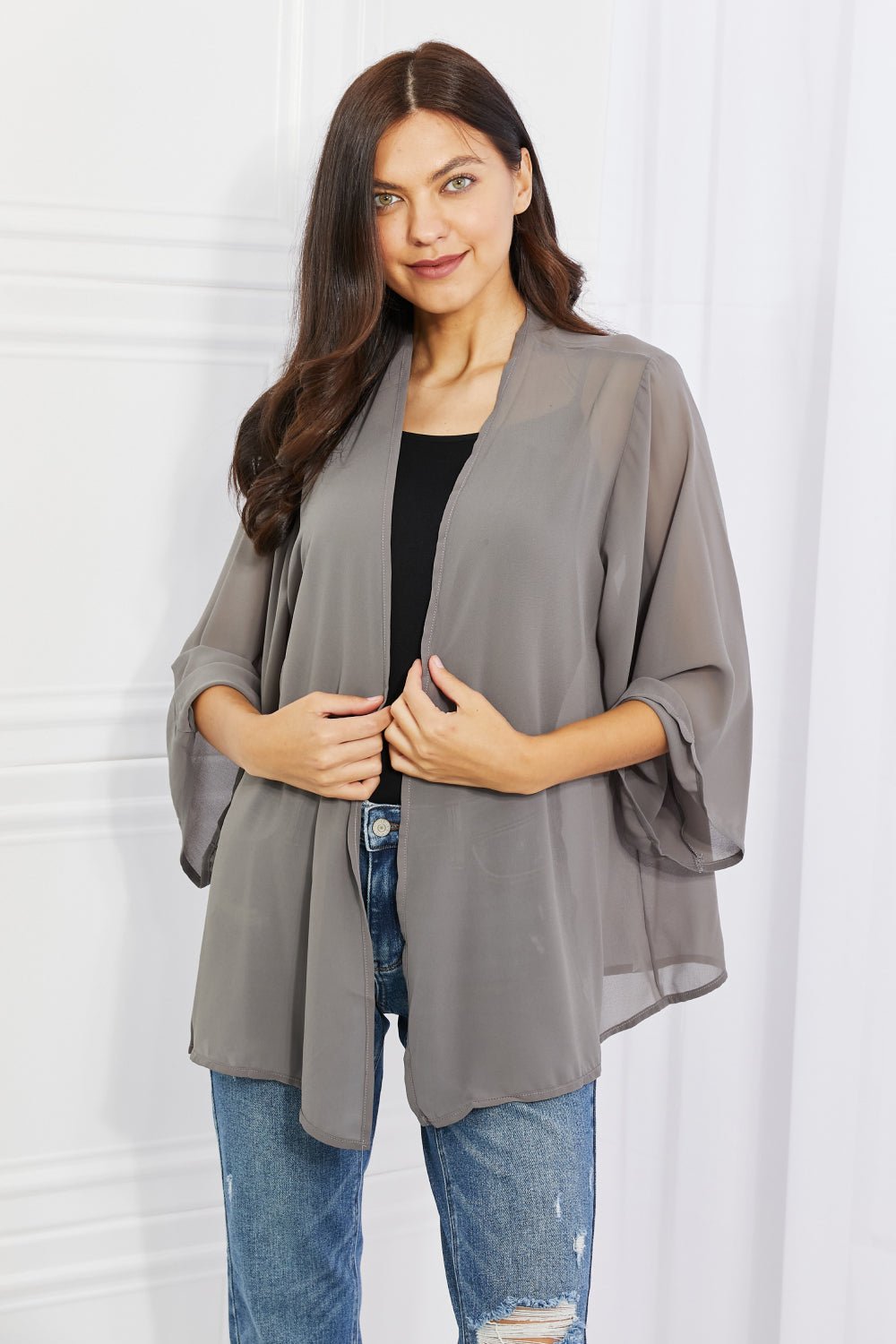 Melody Just Breathe Full Size Chiffon Kimono in Grey - Kimono - Mid Gray - Bella Bourget