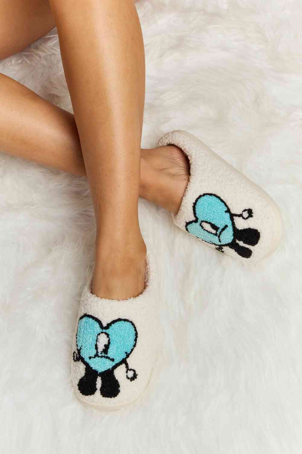 Melody Love Heart Print Plush Slippers - shoes - Pastel Blue - Bella Bourget