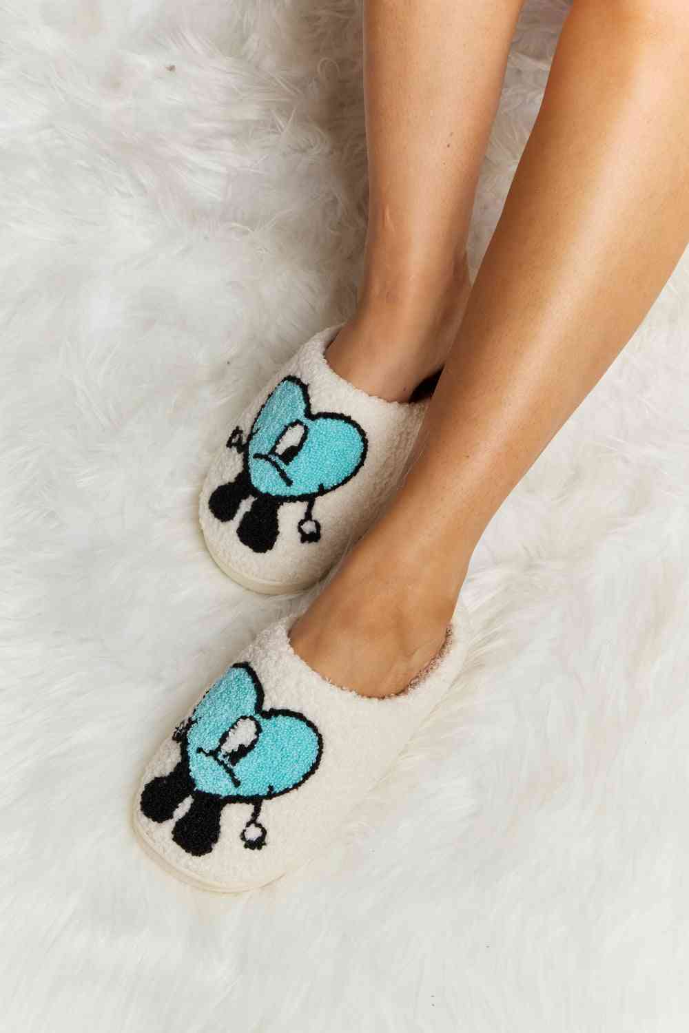 Melody Love Heart Print Plush Slippers - shoes - Pastel Blue - Bella Bourget