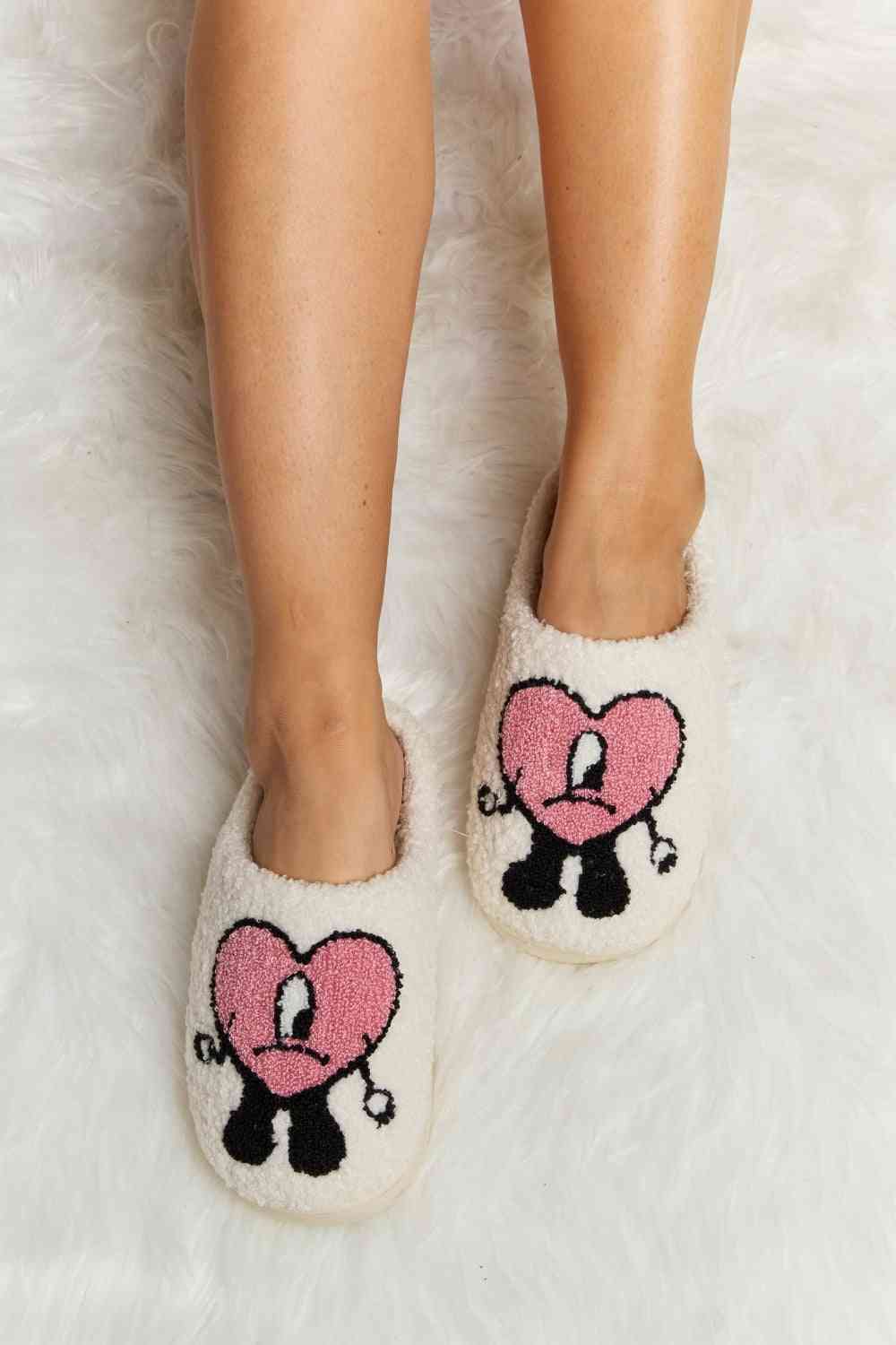 Melody Love Heart Print Plush Slippers - shoes - Dusty Pink - Bella Bourget