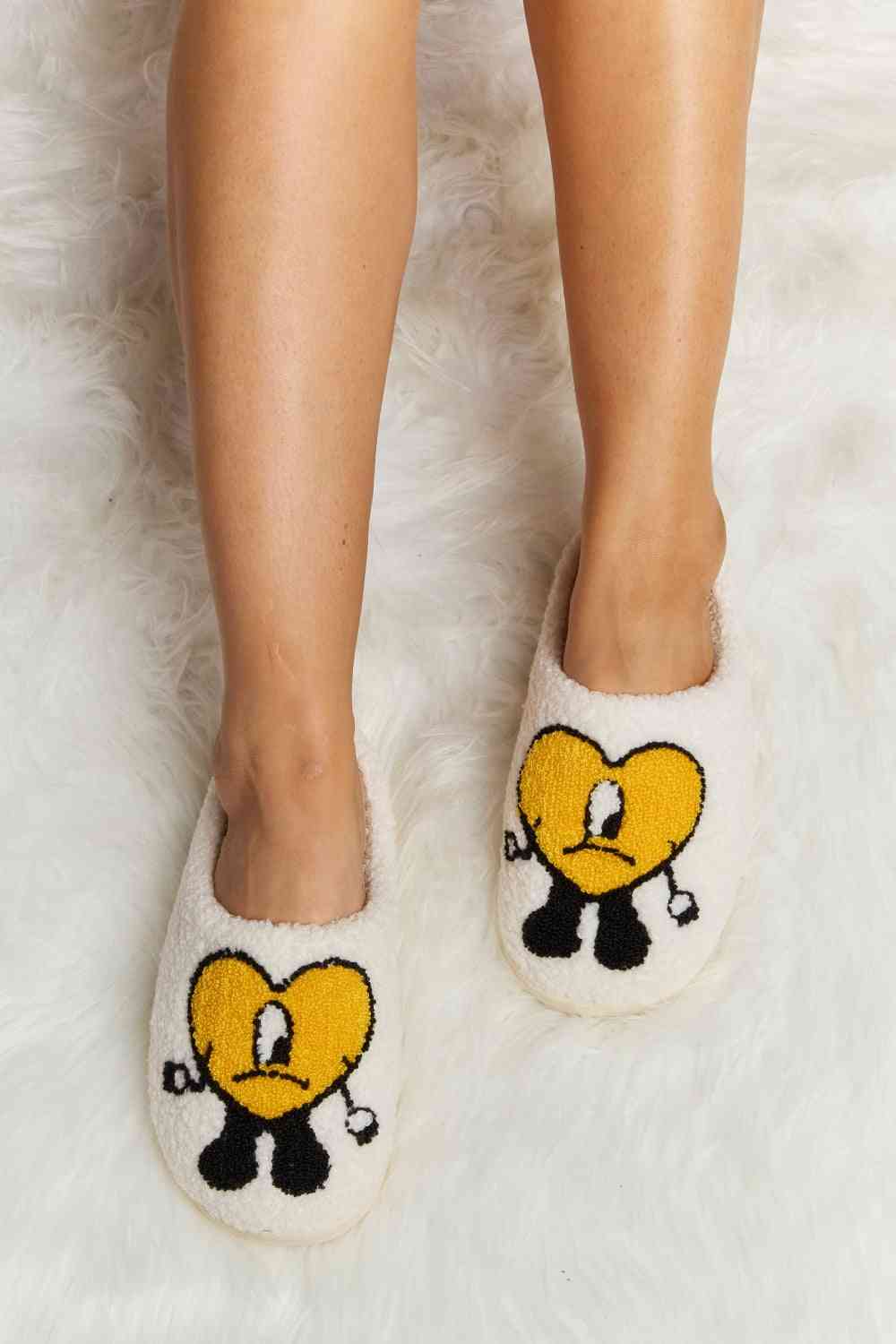 Melody Love Heart Print Plush Slippers - shoes - Mustard - Bella Bourget