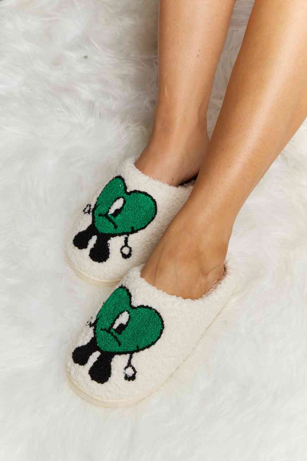 Melody Love Heart Print Plush Slippers - shoes - Green - Bella Bourget