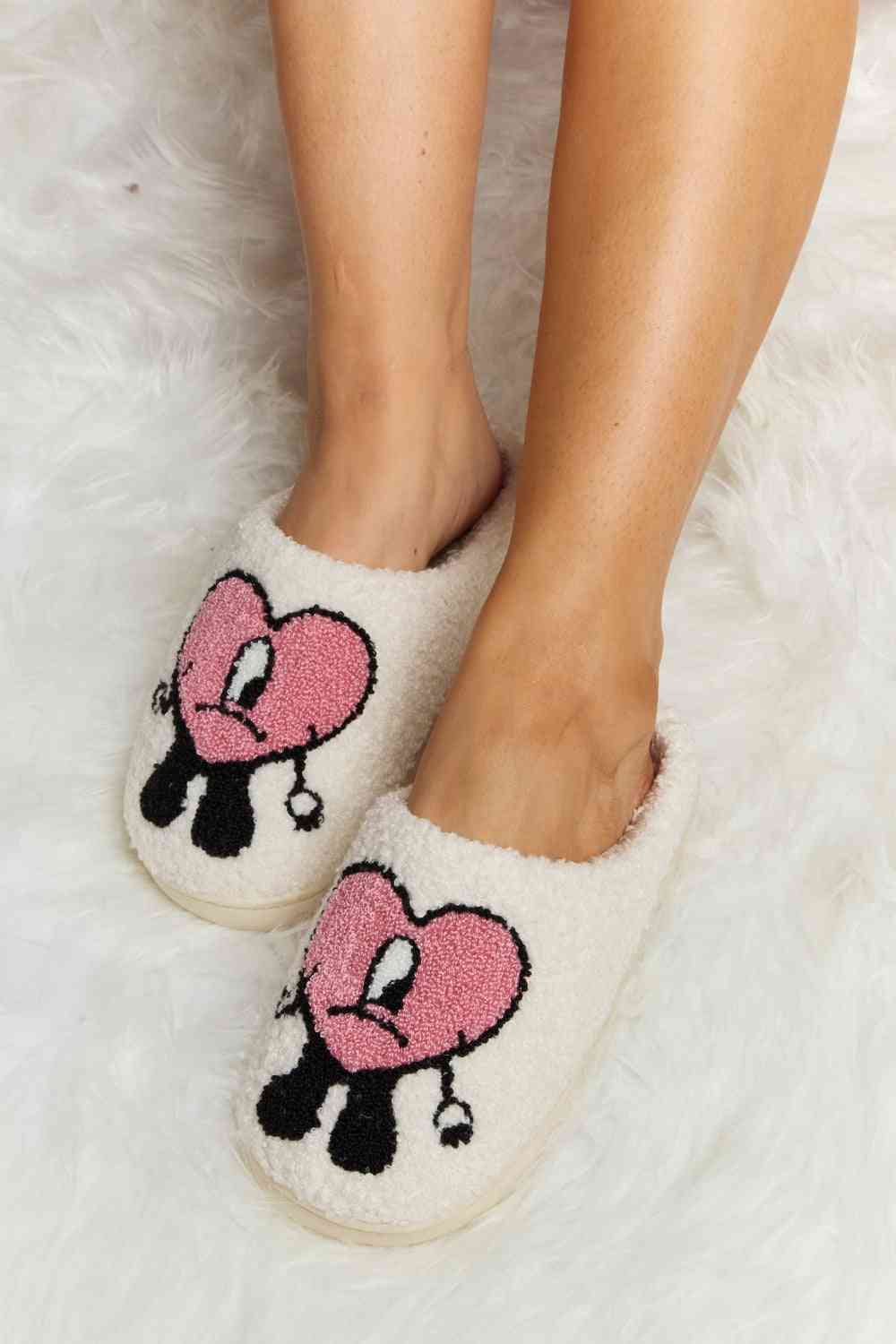 Melody Love Heart Print Plush Slippers - shoes - Dusty Pink - Bella Bourget