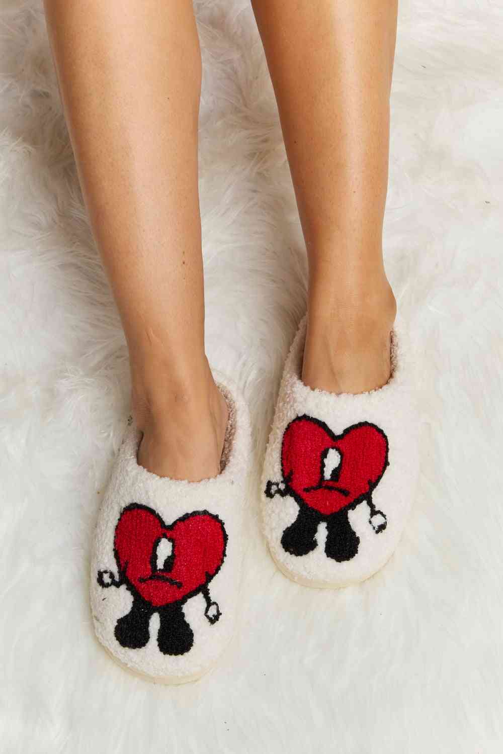 Melody Love Heart Print Plush Slippers - shoes - Dusty Pink - Bella Bourget