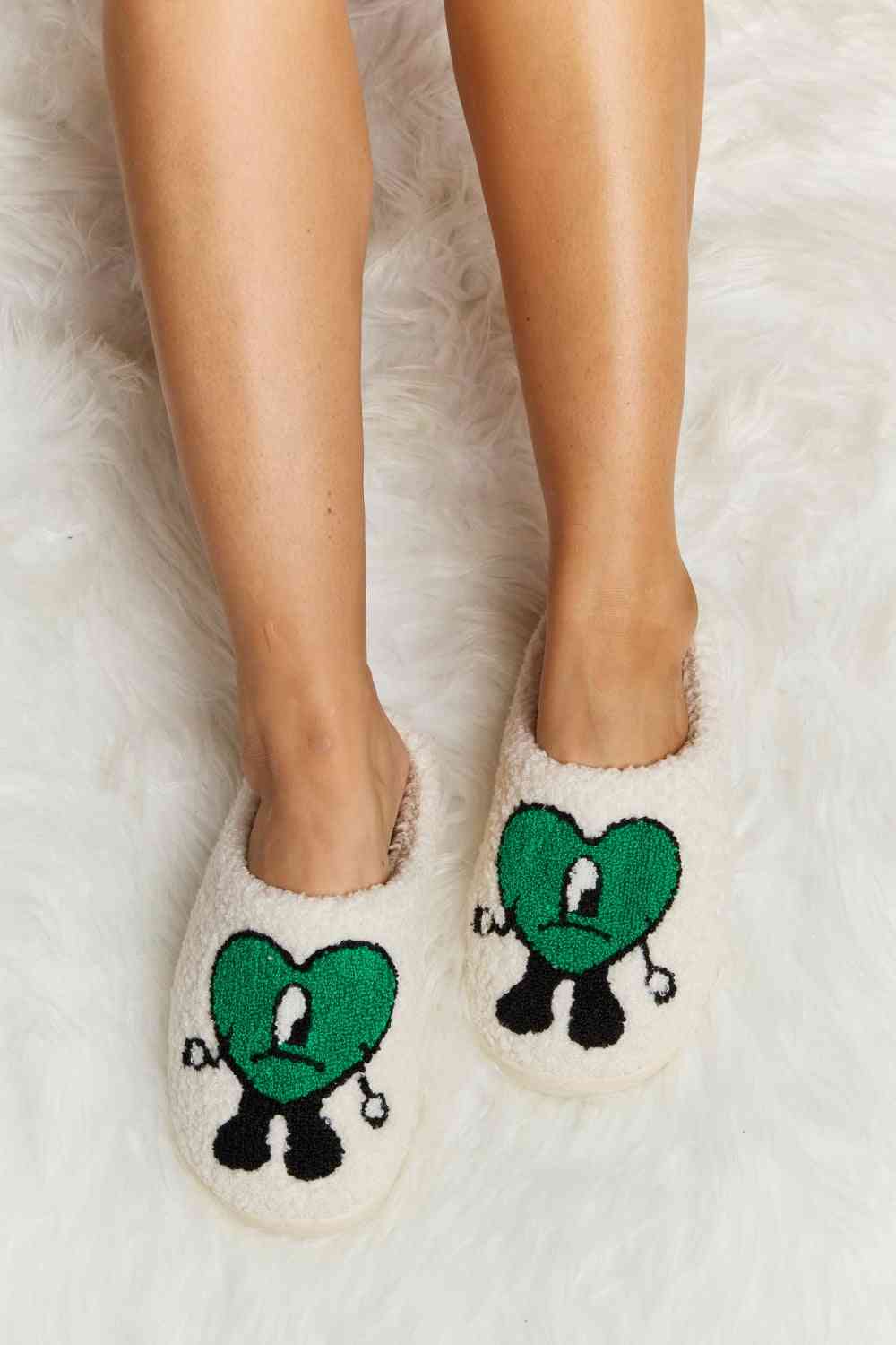 Melody Love Heart Print Plush Slippers - shoes - Green - Bella Bourget