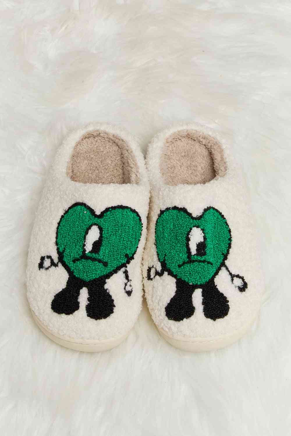 Melody Love Heart Print Plush Slippers - shoes - Green - Bella Bourget