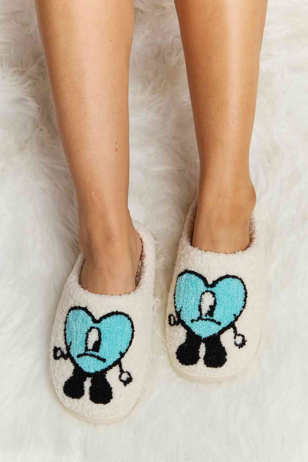 Melody Love Heart Print Plush Slippers - shoes - Pastel Blue - Bella Bourget