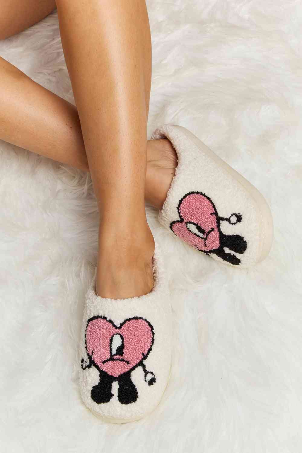 Melody Love Heart Print Plush Slippers - shoes - Dusty Pink - Bella Bourget