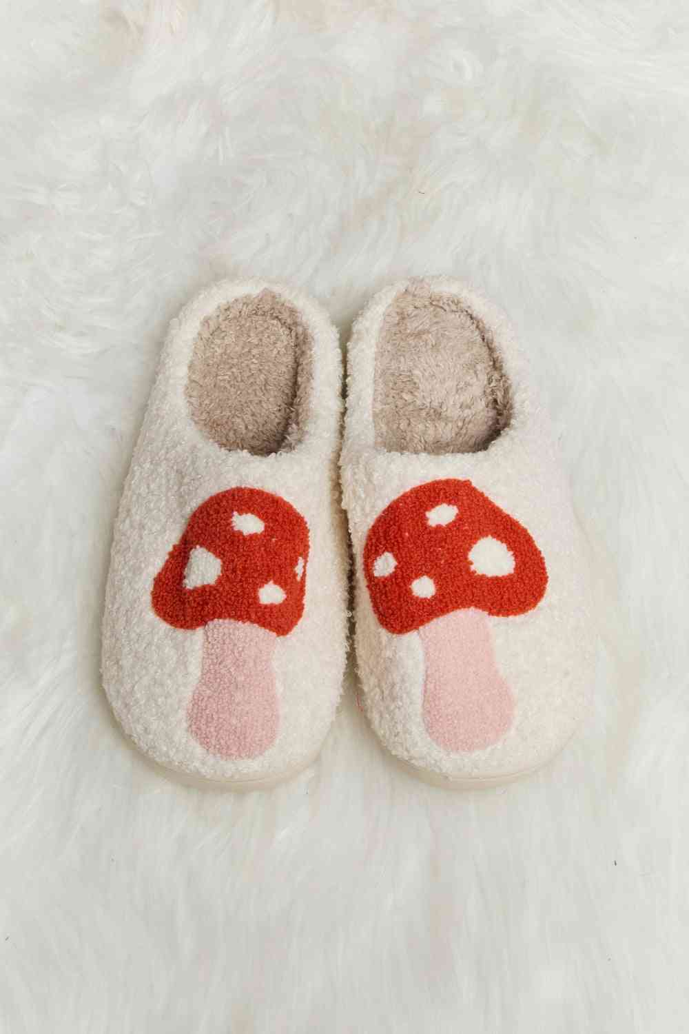 Melody Mushroom Print Plush Slide Slippers - shoes - Pink - Bella Bourget