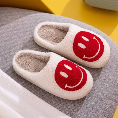 Melody Smiley Face Cozy Slippers - shoes - WHITE/RED - Bella Bourget