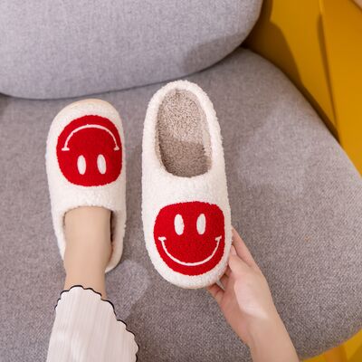 Melody Smiley Face Cozy Slippers - shoes - WHITE/RED - Bella Bourget