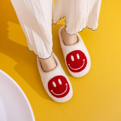 Melody Smiley Face Cozy Slippers - shoes - WHITE/RED - Bella Bourget