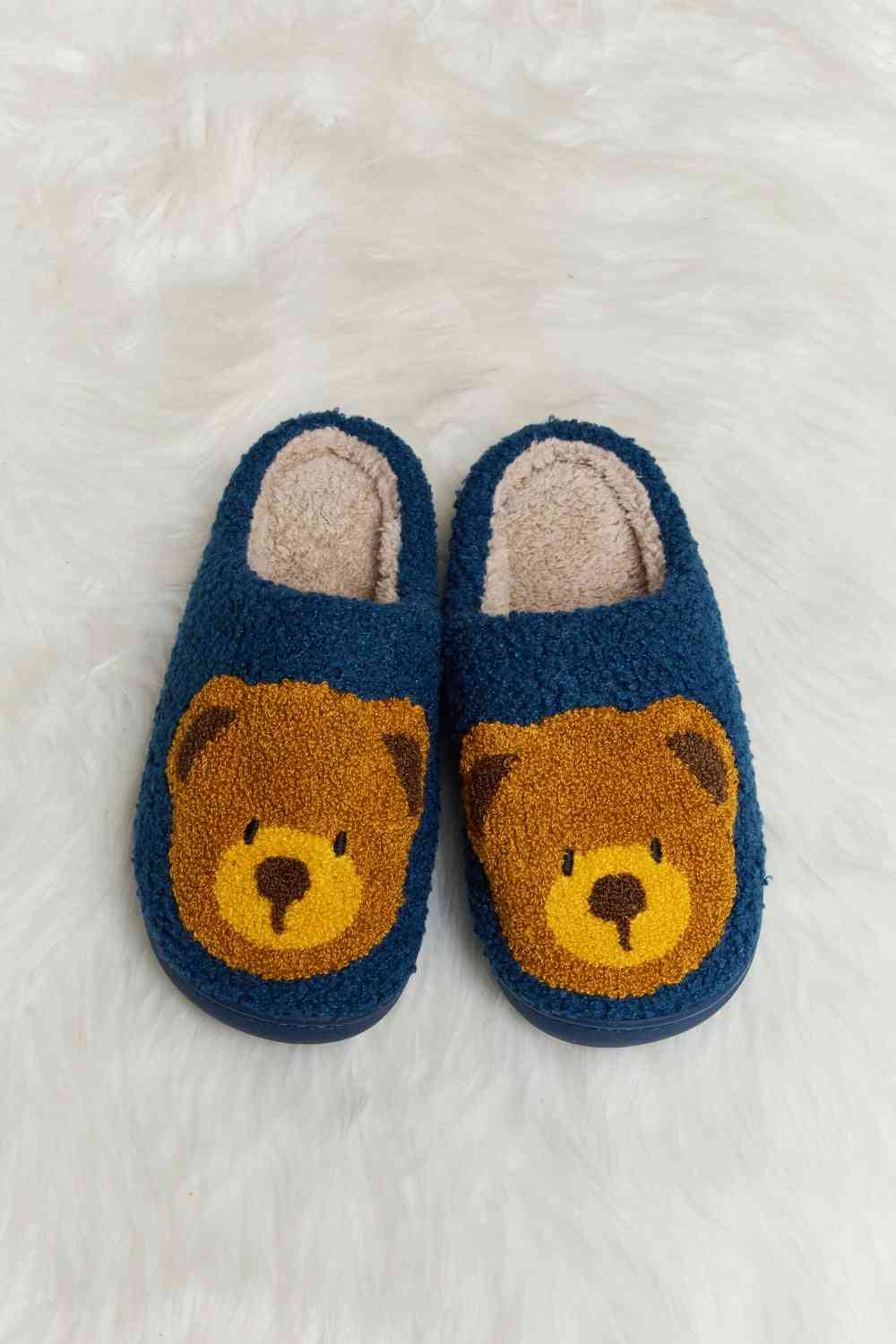 Melody Teddy Bear Print Plush Slide Slippers - shoes - Navy - Bella Bourget