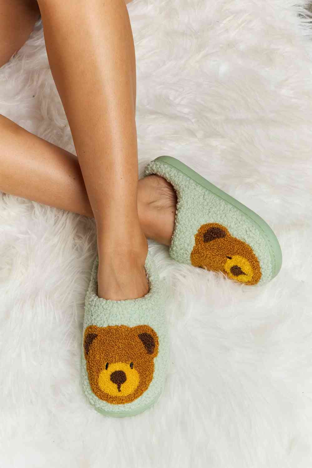 Melody Teddy Bear Print Plush Slide Slippers - shoes - Gum Leaf - Bella Bourget