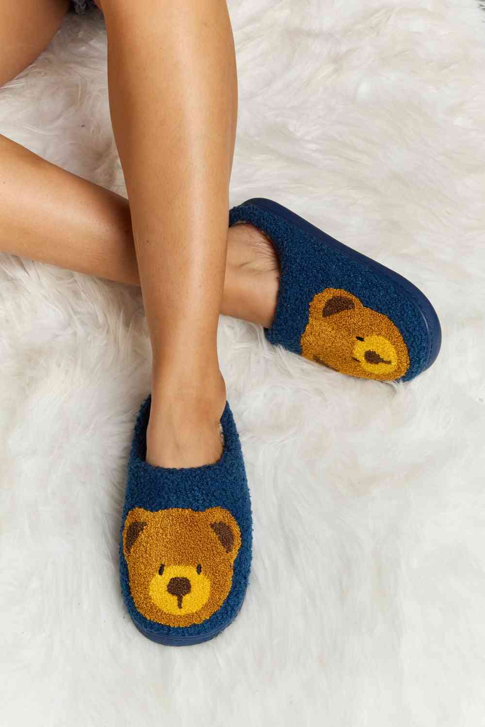 Melody Teddy Bear Print Plush Slide Slippers - shoes - Navy - Bella Bourget