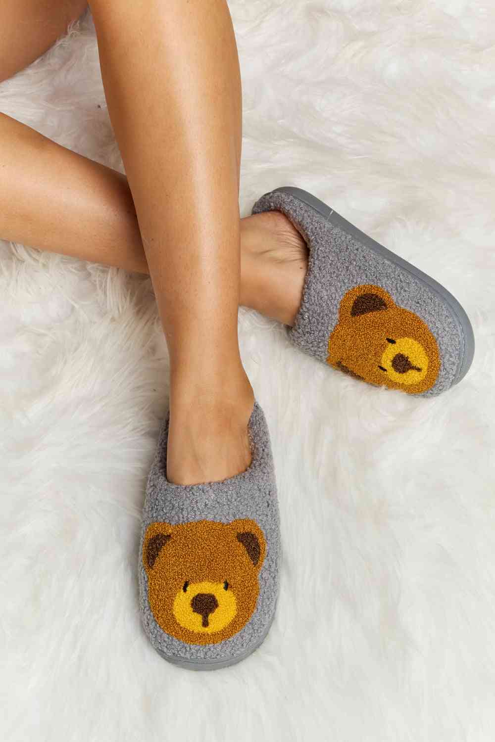 Melody Teddy Bear Print Plush Slide Slippers - shoes - Charcoal - Bella Bourget