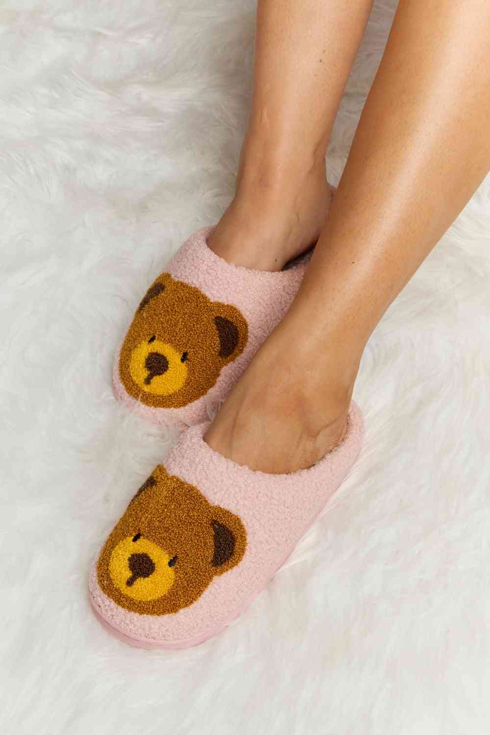 Melody Teddy Bear Print Plush Slide Slippers - shoes - Blush Pink - Bella Bourget