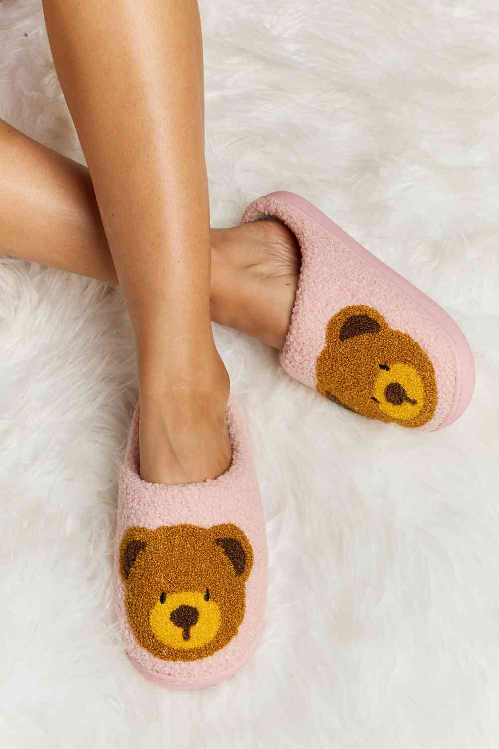 Melody Teddy Bear Print Plush Slide Slippers - shoes - Blush Pink - Bella Bourget