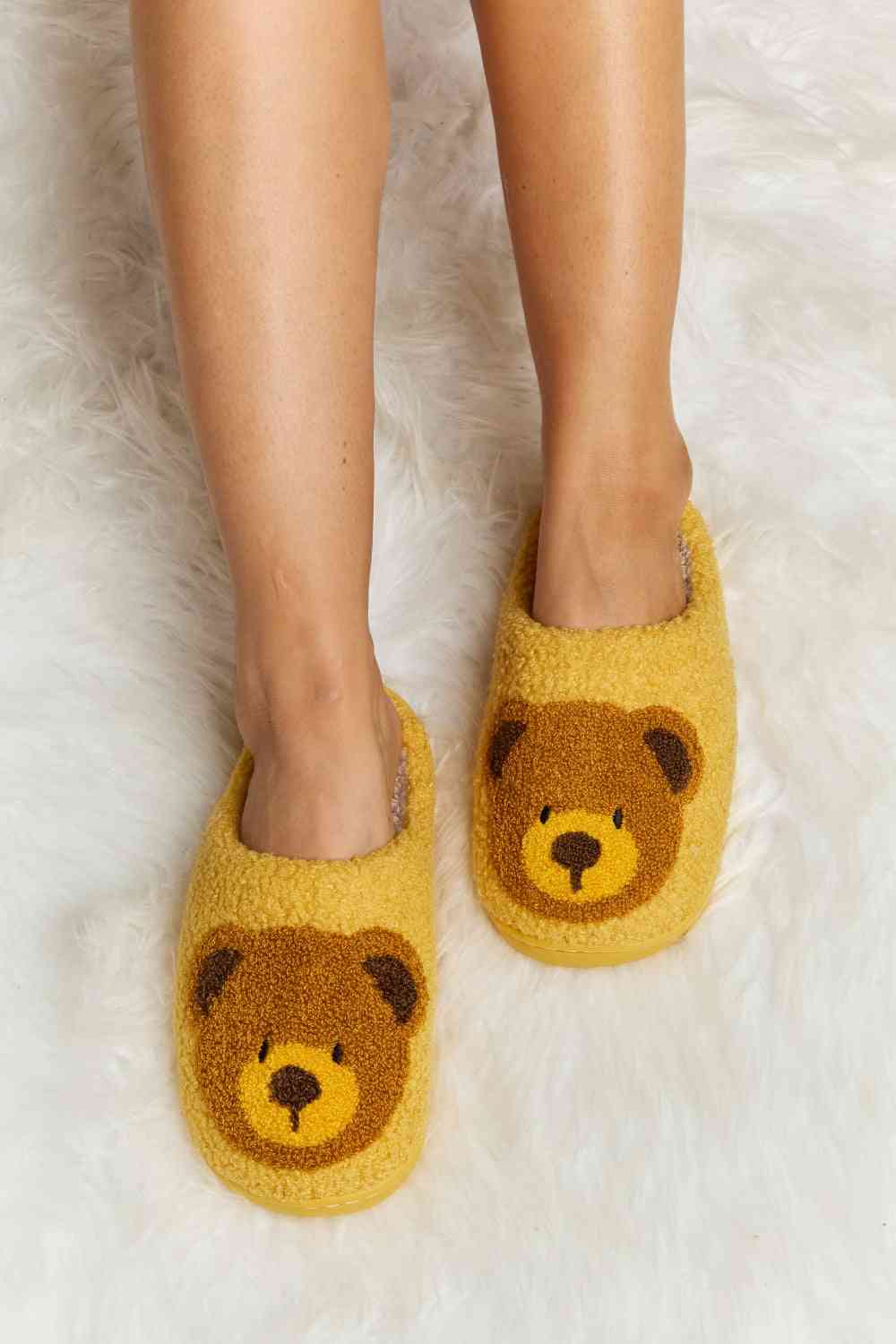 Melody Teddy Bear Print Plush Slide Slippers - shoes - Mustard - Bella Bourget