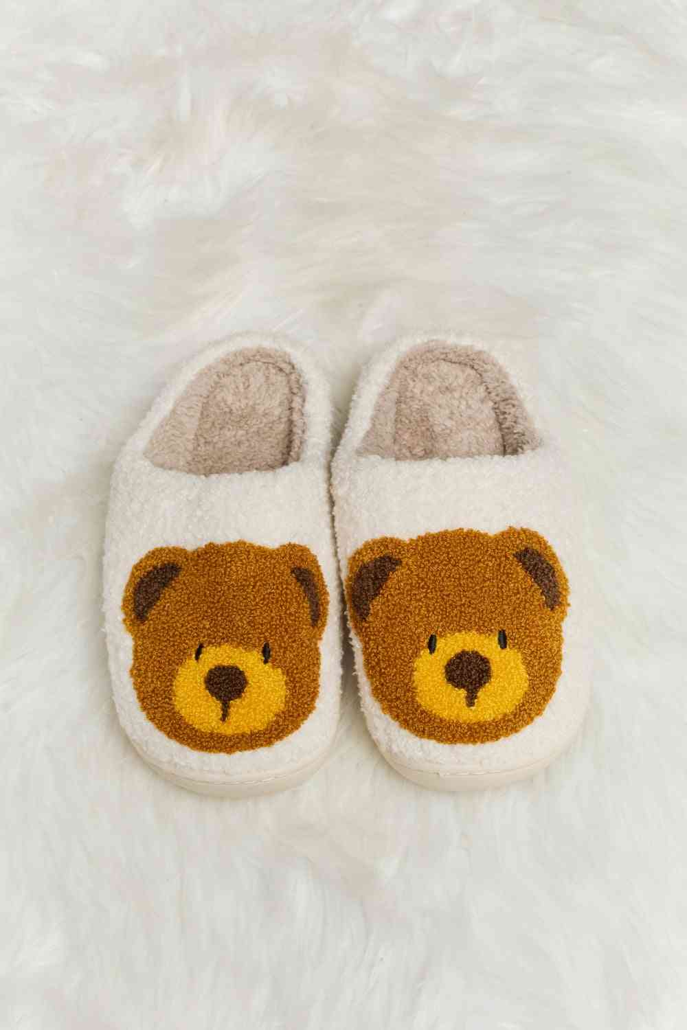 Melody Teddy Bear Print Plush Slide Slippers - shoes - White - Bella Bourget