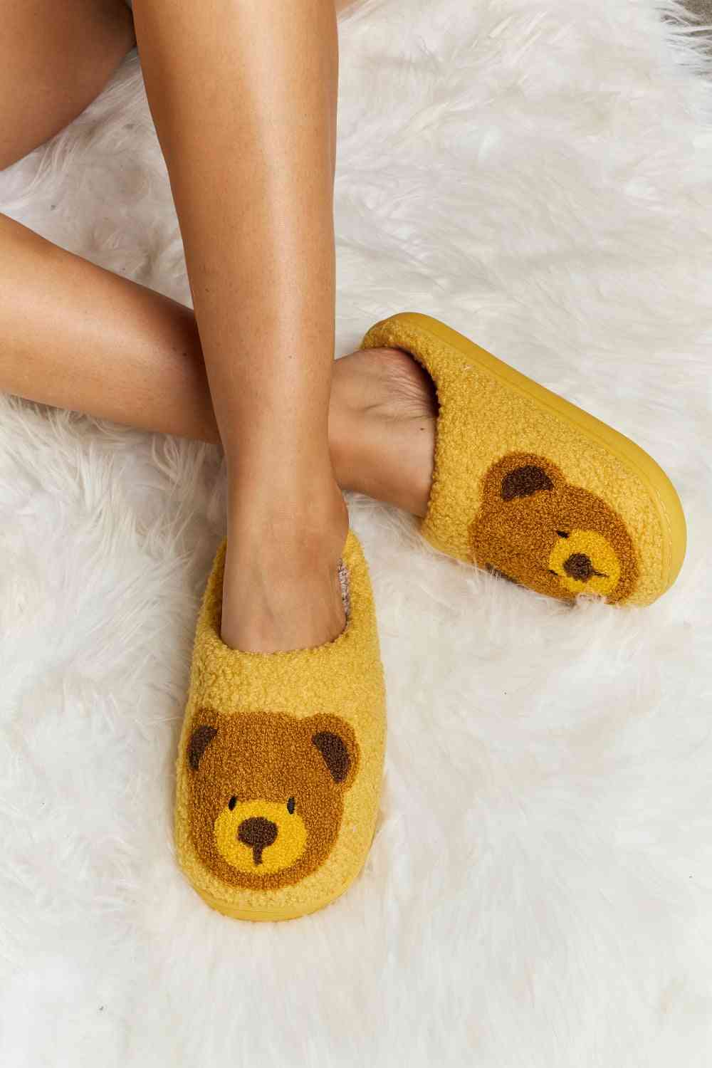 Melody Teddy Bear Print Plush Slide Slippers - shoes - Mustard - Bella Bourget