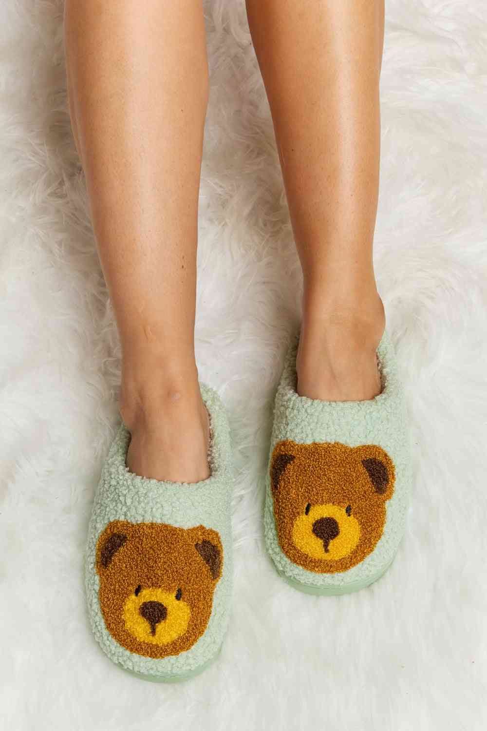 Melody Teddy Bear Print Plush Slide Slippers - shoes - Gum Leaf - Bella Bourget