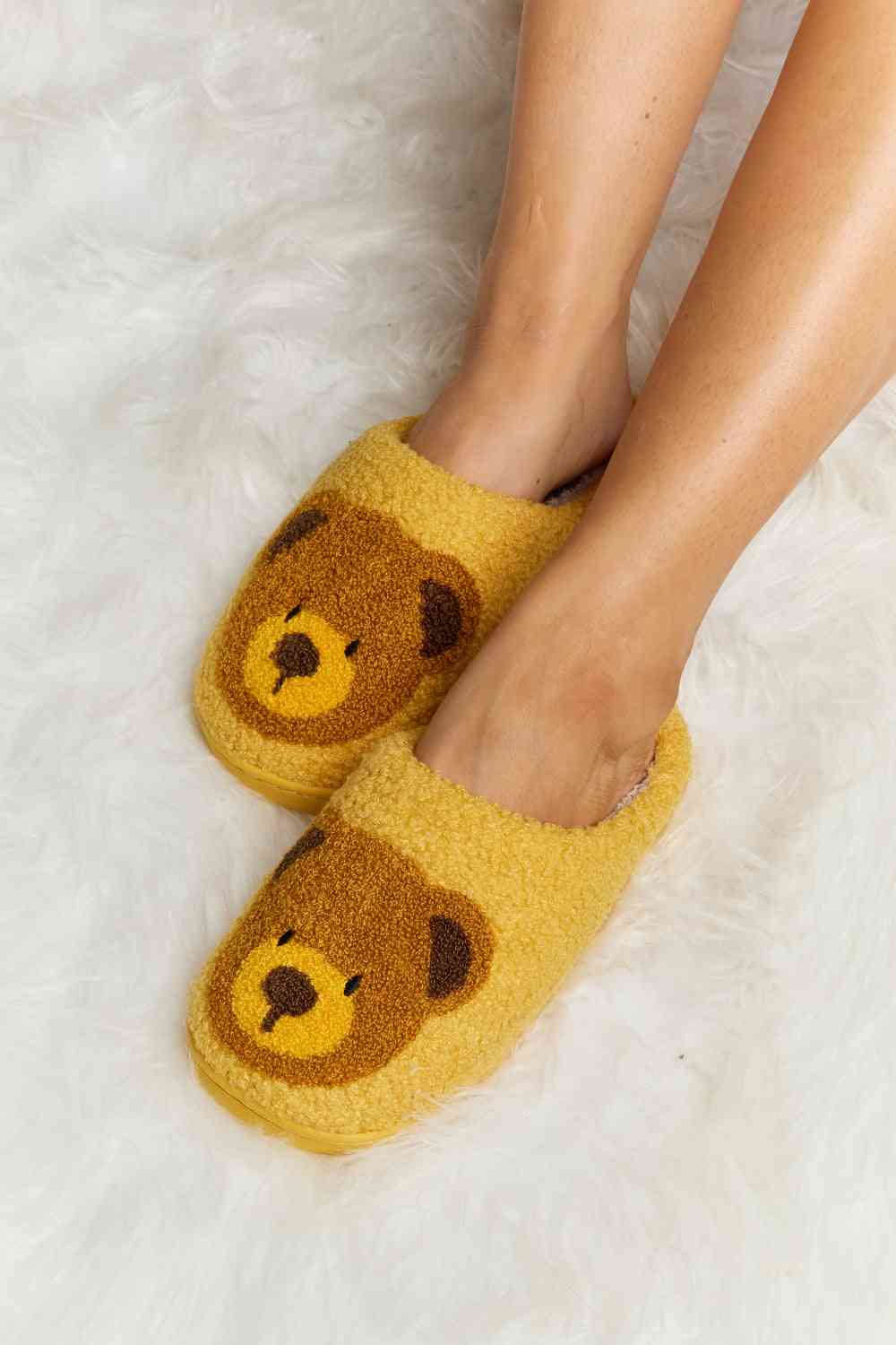 Melody Teddy Bear Print Plush Slide Slippers - shoes - Mustard - Bella Bourget