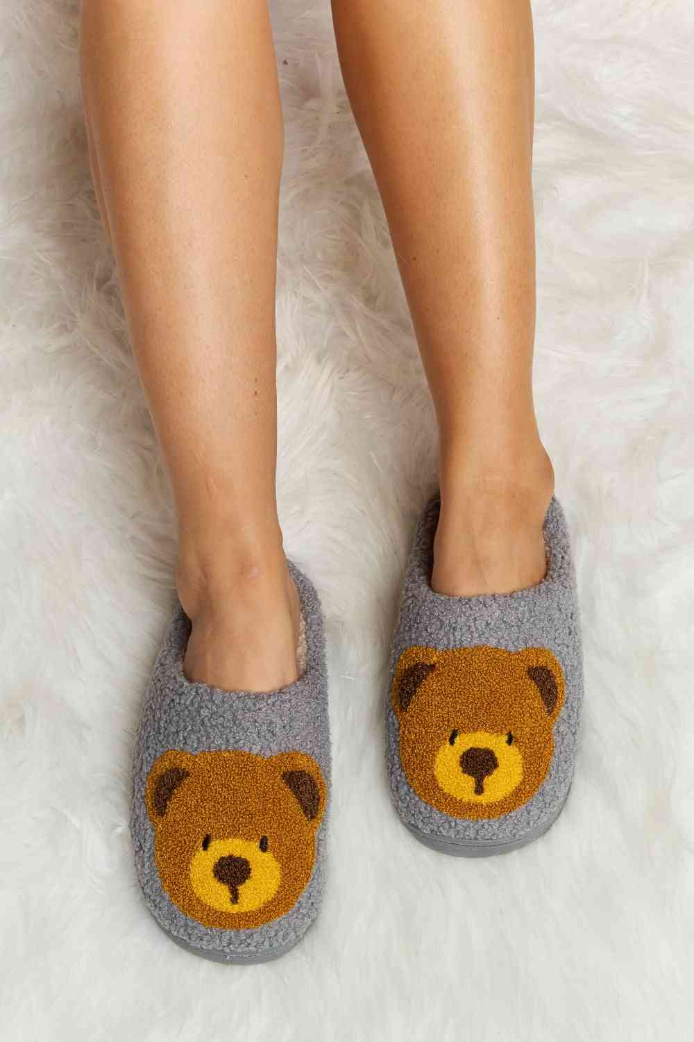 Melody Teddy Bear Print Plush Slide Slippers - shoes - Charcoal - Bella Bourget