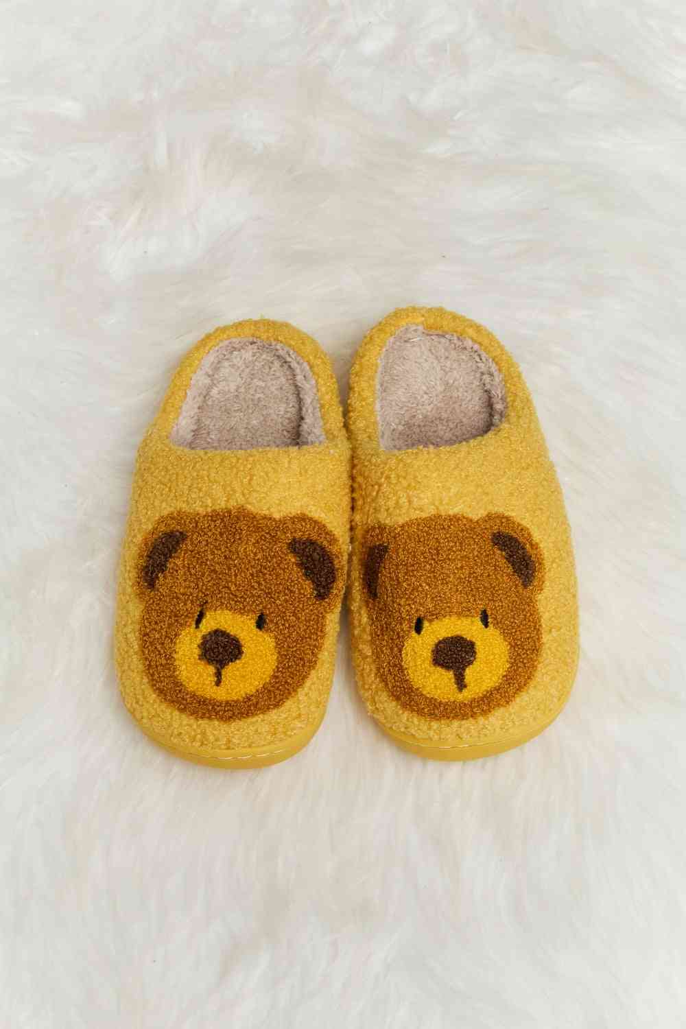 Melody Teddy Bear Print Plush Slide Slippers - shoes - Mustard - Bella Bourget