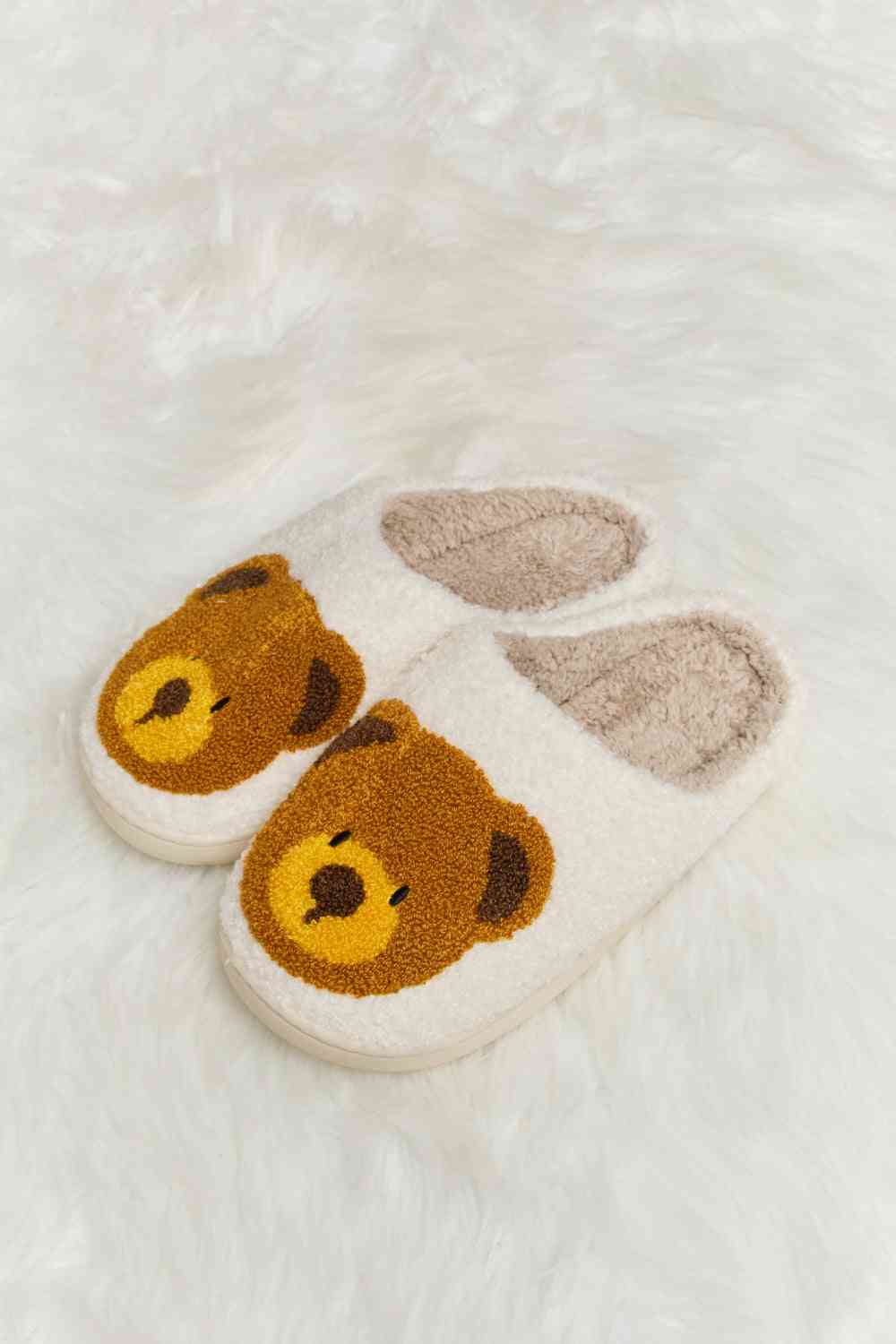 Melody Teddy Bear Print Plush Slide Slippers - shoes - White - Bella Bourget