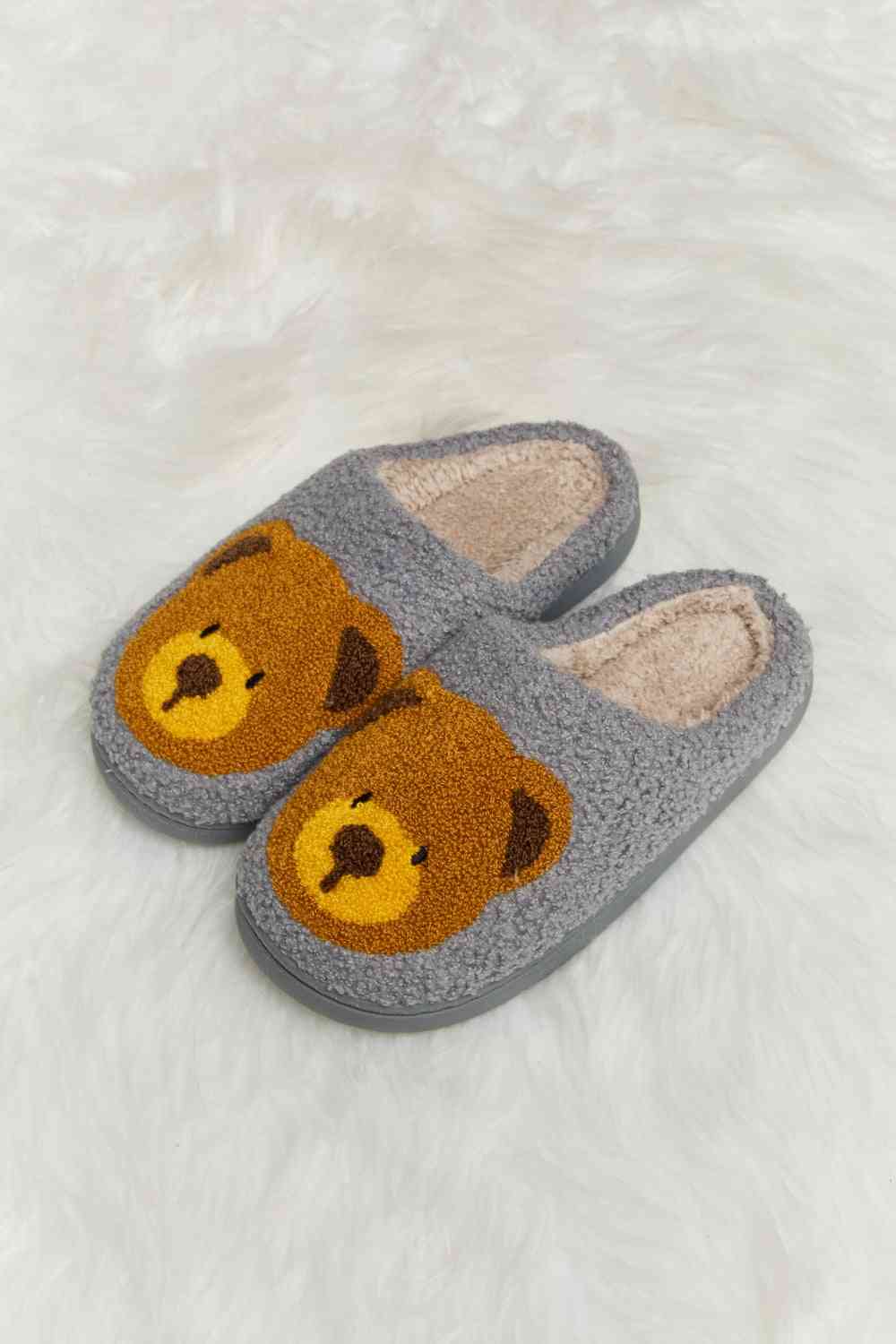 Melody Teddy Bear Print Plush Slide Slippers - shoes - Charcoal - Bella Bourget