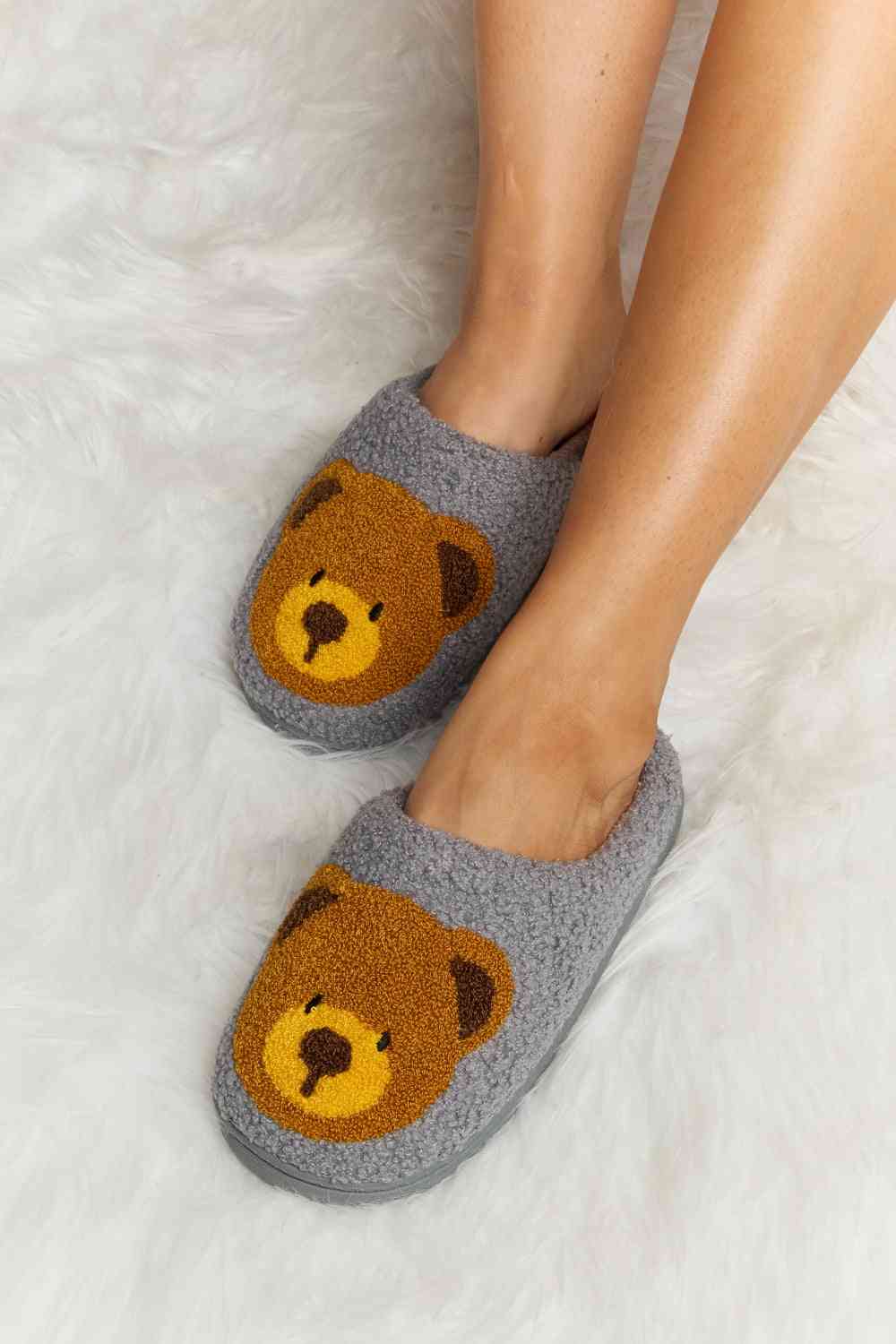 Melody Teddy Bear Print Plush Slide Slippers - shoes - Charcoal - Bella Bourget