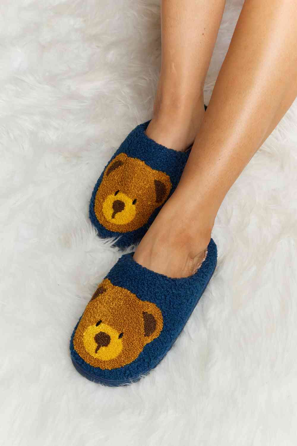 Melody Teddy Bear Print Plush Slide Slippers - shoes - Navy - Bella Bourget