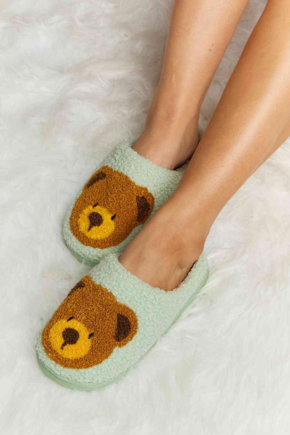 Melody Teddy Bear Print Plush Slide Slippers - shoes - Gum Leaf - Bella Bourget