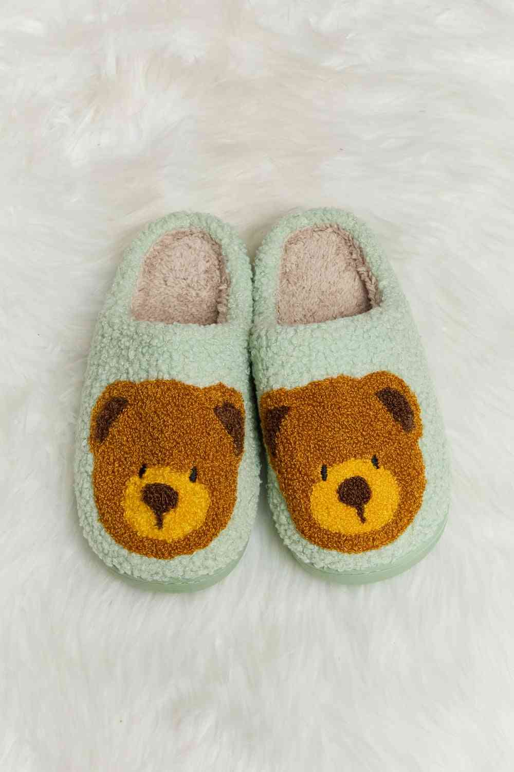 Melody Teddy Bear Print Plush Slide Slippers - shoes - Gum Leaf - Bella Bourget