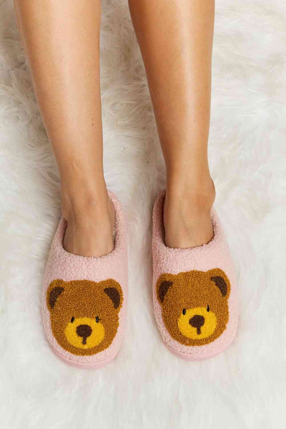 Melody Teddy Bear Print Plush Slide Slippers - shoes - Blush Pink - Bella Bourget