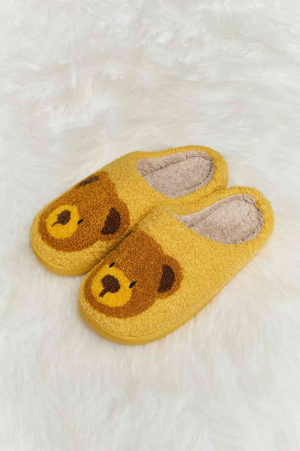 Melody Teddy Bear Print Plush Slide Slippers - shoes - Mustard - Bella Bourget