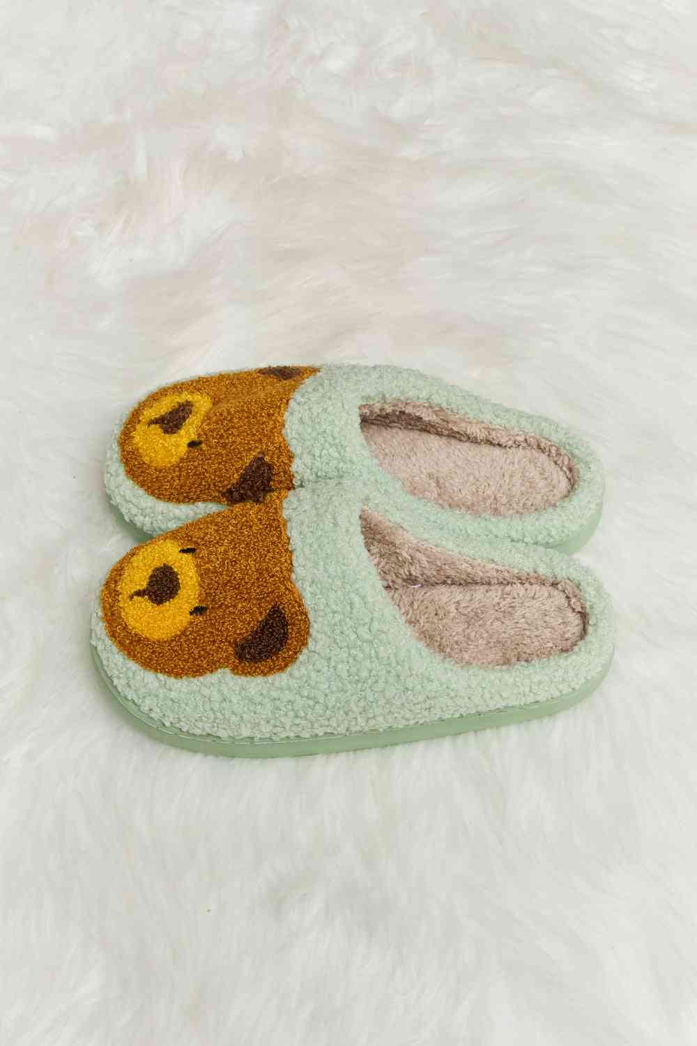 Melody Teddy Bear Print Plush Slide Slippers - shoes - Gum Leaf - Bella Bourget