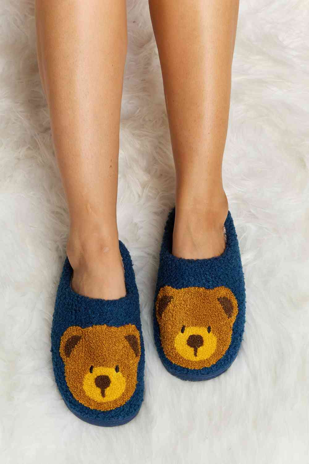 Melody Teddy Bear Print Plush Slide Slippers - shoes - Navy - Bella Bourget